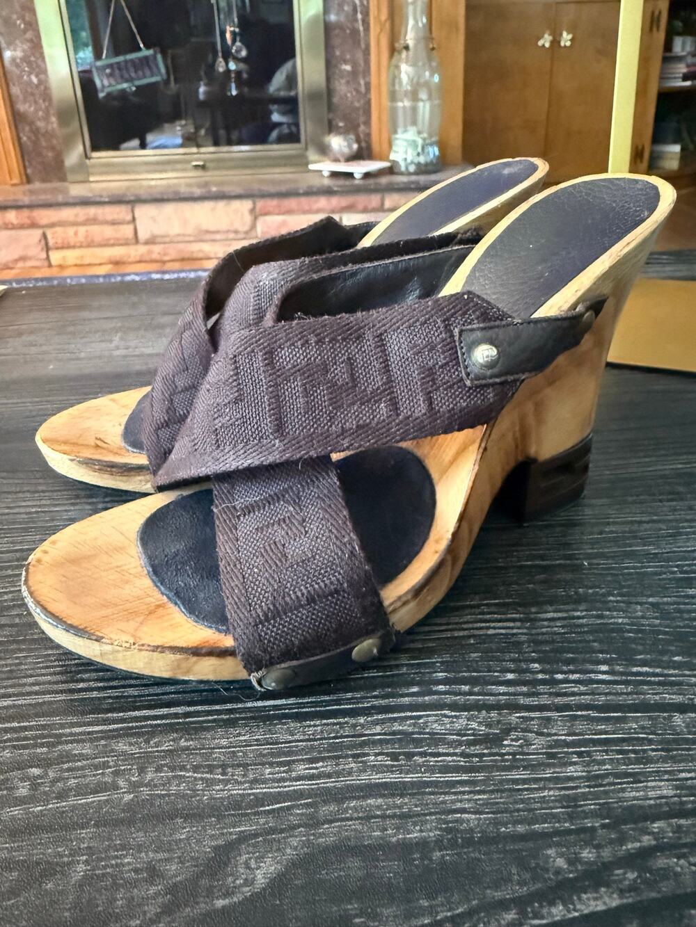 Vintage Fendi Zucca Monogram Wooden Wedge Mules / Slide Sandals Y2K Sz. 38